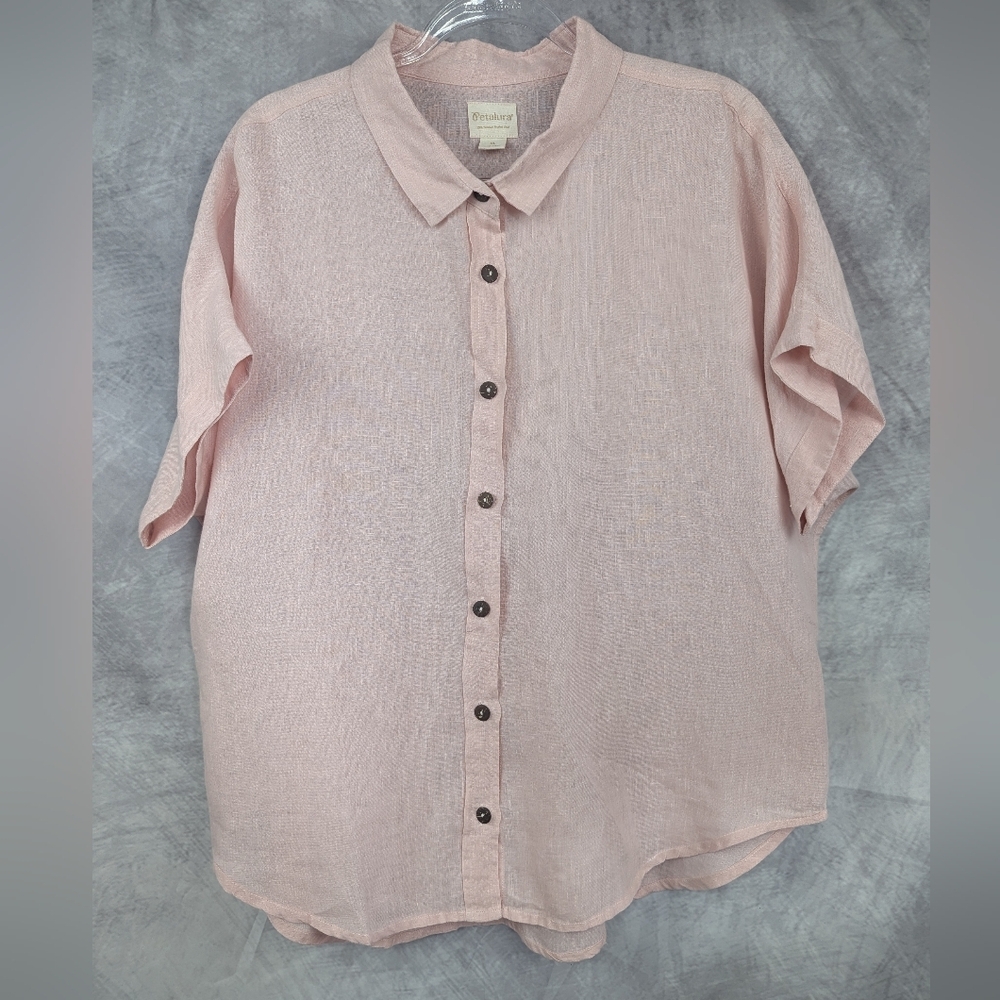 Petalura XL 100% Linen Pink Button Down Blouse